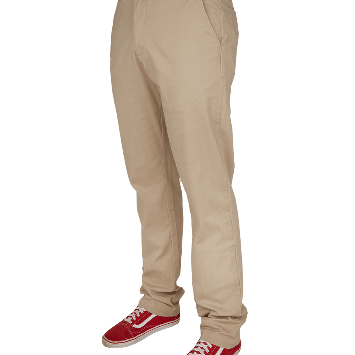 Dixxon Canada. Khaki Chino Pants. Side view highlighting the hidden stash pocket with zip closure and sleek profile on a stretch fabric.